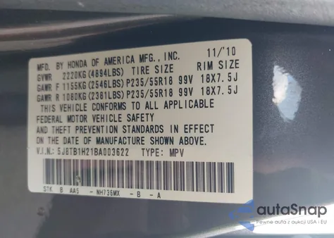 2011 Acura Rdx from USA, damaged, VIN 5J8TB1H21BA003622